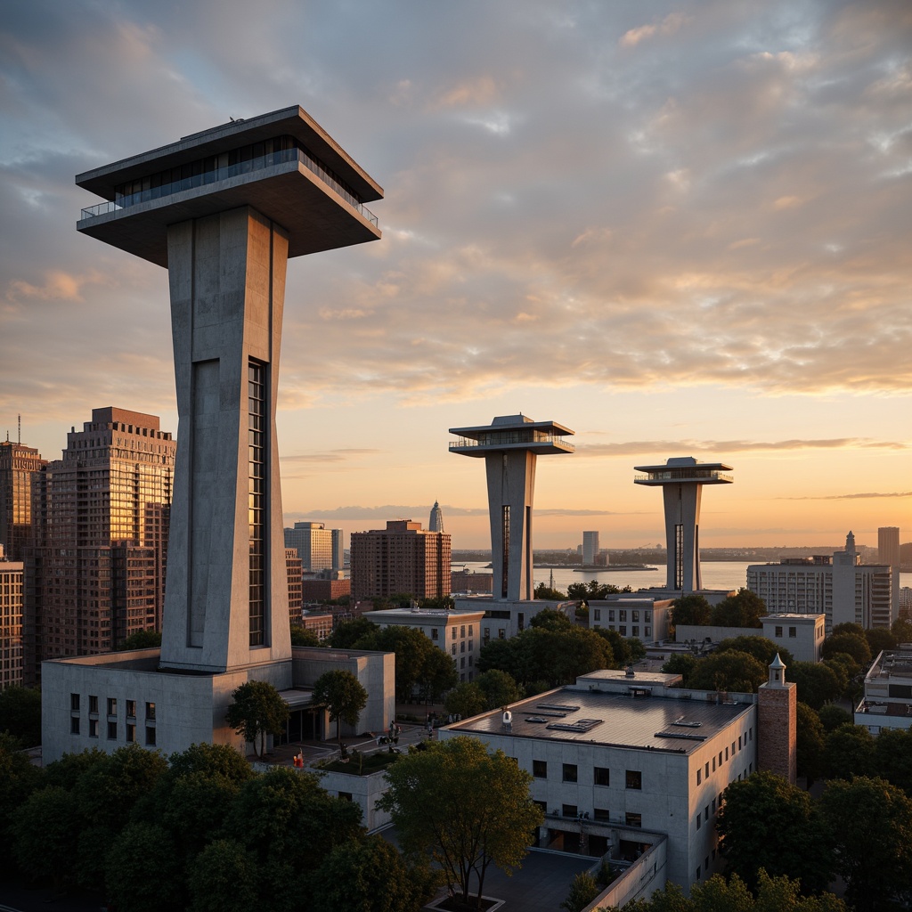 Prompt: Sleek watching towers, modernist architecture, geometric shapes, clean lines, minimal ornamentation, functional simplicity, industrial materials, exposed ductwork, steel beams, concrete foundations, cantilevered roofs, panoramic views, urban landscapes, city skylines, sunset warm lighting, high contrast shadows, dramatic atmospheric perspective, 1/2 composition, low angle shot, realistic textures, ambient occlusion.