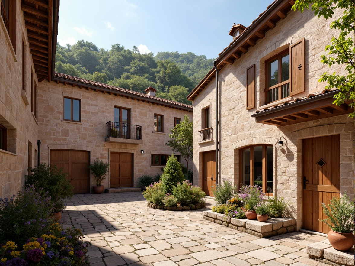 Prompt: Regionalism style buildings, earthy tones, natural stone walls, rustic wooden doors, sloping roofs, curved lines, ornate decorations, vibrant color accents, traditional architectural elements, pitched roofing, clay tiles, terra cotta pots, lush greenery, blooming flowers, sunny day, warm soft lighting, 1/2 composition, realistic textures, ambient occlusion.