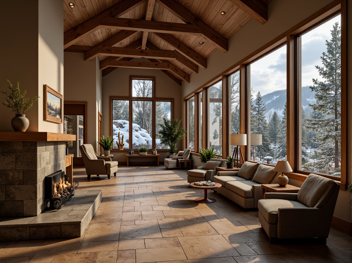 Prompt: Rustic student halls, mountain lodge aesthetic, earthy tones, warm beige walls, rich wood accents, natural stone floors, cozy fireplaces, plush furnishings, snow-capped mountains, evergreen trees, misty mornings, soft warm lighting, shallow depth of field, 1/2 composition, intimate atmosphere, realistic textures, ambient occlusion.