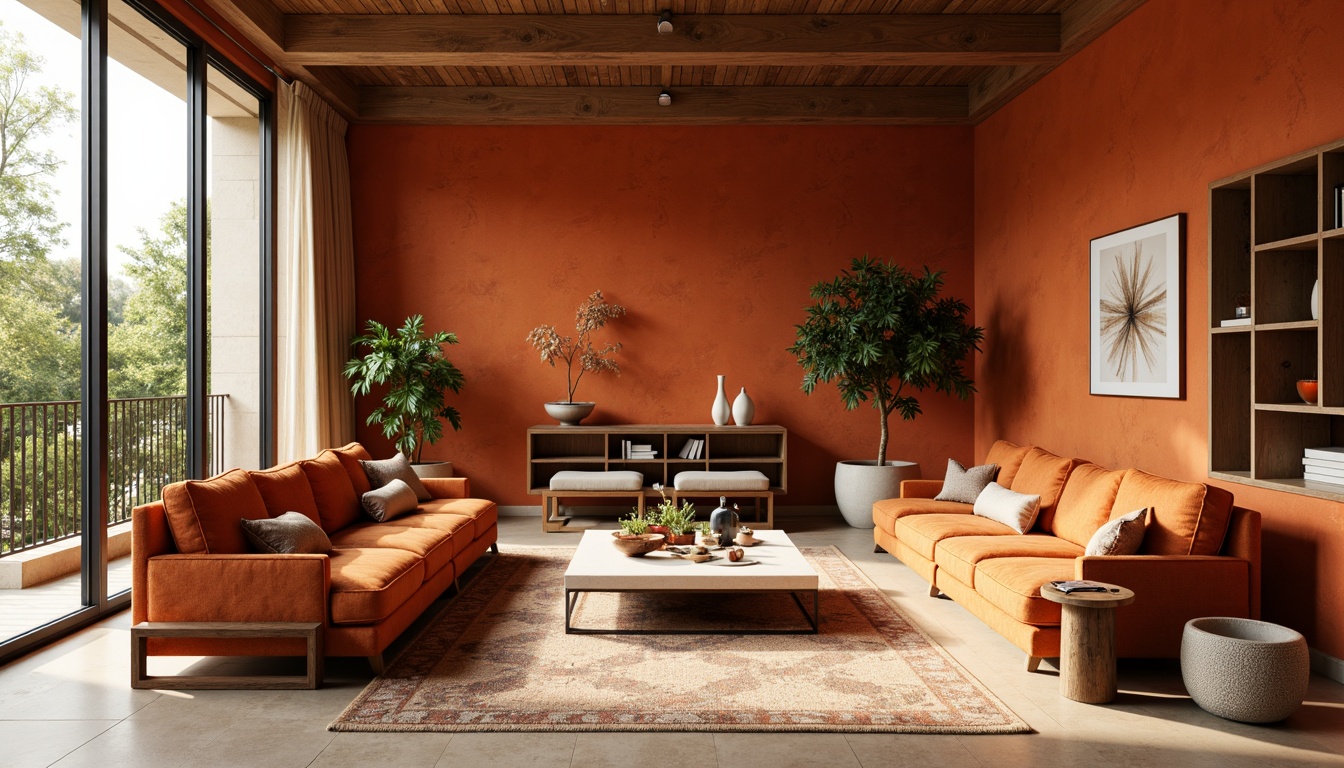 Prompt: Vibrant persimmon-hued accent walls, warm beige flooring, rich walnut wood furniture, plush burnt orange velvet sofas, intricate geometric patterns, natural stone textures, modern minimalist decor, floor-to-ceiling windows, abundant greenery, warm golden lighting, 1/1 composition, soft focus, realistic materials, ambient occlusion.