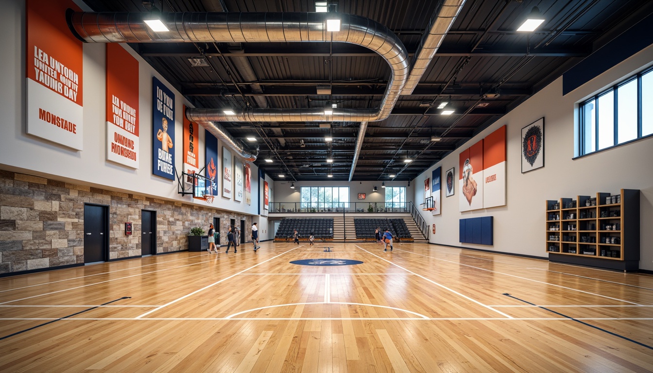 Prompt: Modern gymnasium interior, polished wooden floors, wall-mounted basketball hoops, vibrant team colors, motivational quotes, athletic flooring patterns, high ceilings, exposed ductwork, industrial-style lighting fixtures, minimalist seating areas, sleek trophy displays, natural stone accent walls, dynamic LED lighting systems, 3-point perspective composition, shallow depth of field, realistic textures, ambient occlusion.