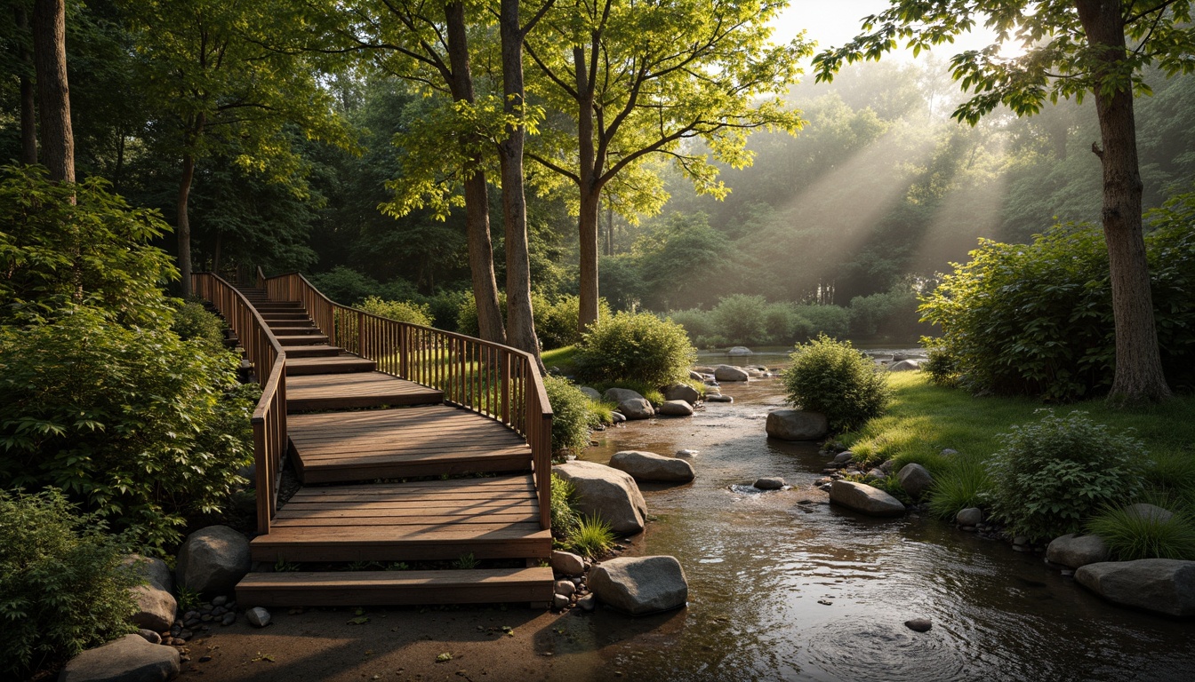 Prompt: Rustic wooden bridge, natural stone foundations, earthy tones, weathered wooden planks, ornate metal railings, verdant surroundings, lush greenery, serene water flow, misty atmosphere, soft warm lighting, shallow depth of field, 3/4 composition, realistic textures, ambient occlusion, organic shapes, curved lines, sustainable materials, eco-friendly construction, blending with nature.