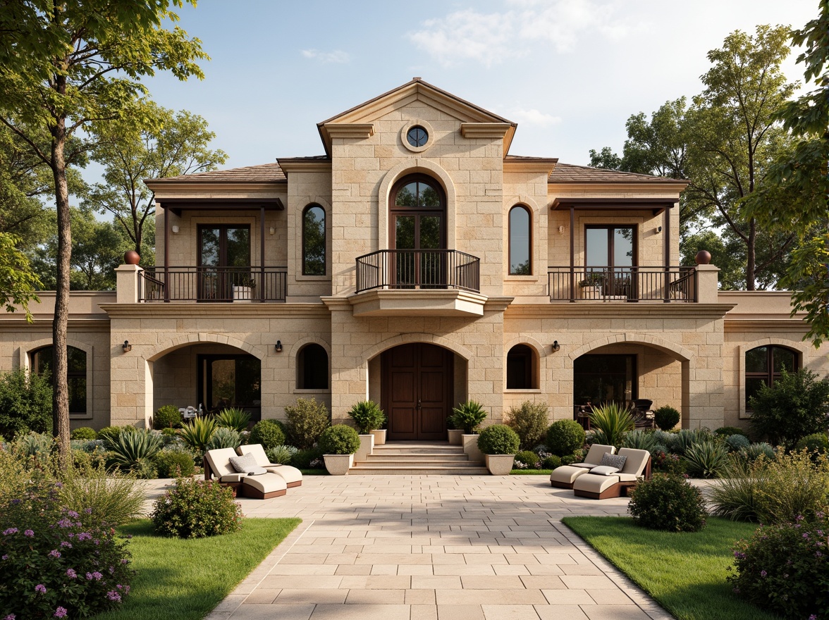 Prompt: Elegant stone mansion, rustic brick fa\u00e7ade, ornate stonework, intricate archways, grand entrance, symmetrical composition, warm beige color palette, natural textures, ornamental ironwork, lush greenery, blooming flowers, sunny afternoon, soft warm lighting, shallow depth of field, 3/4 composition, panoramic view, realistic stone textures, ambient occlusion.