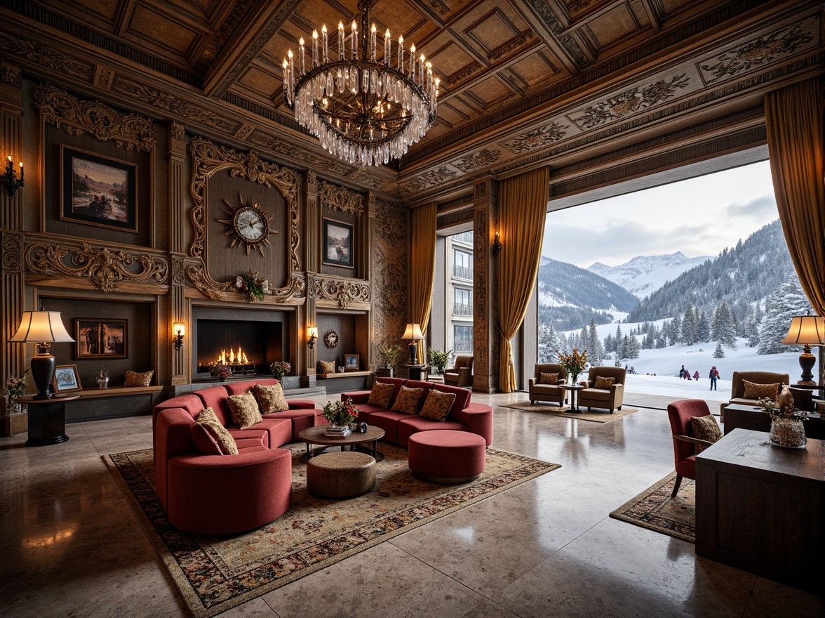 Prompt: Intricate ski resort, ornate Baroque architecture, grandiose chandeliers, luxurious velvet drapes, gilded golden accents, marble floors, sweeping staircases, opulent furnishings, rustic wooden beams, snow-capped mountains, frosty windows, icy ski slopes, powdery snowfall, warm candlelight, cozy fireplaces, rich tapestries, dramatic archways, grand entrance halls, regal throne-like chairs, lavish crystal chandeliers, soft warm lighting, shallow depth of field, 3/4 composition, panoramic view, realistic textures, ambient occlusion.