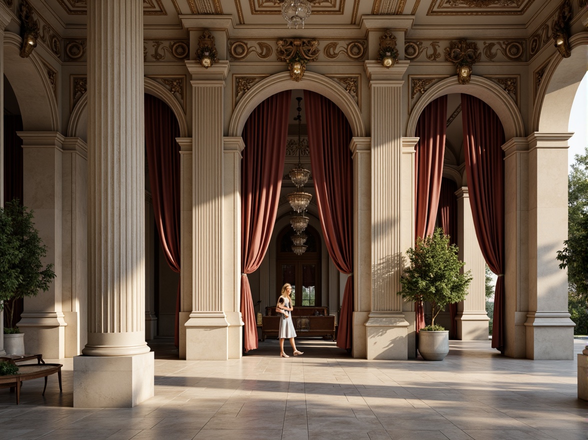 Prompt: Elegant Neoclassical building, ornate columns, intricately carved marble, grand entranceways, symmetrical facades, limestone walls, decorative arches, vaulted ceilings, ornamental moldings, polished bronze door handles, crystal chandeliers, rich velvet drapes, luxurious silk fabrics, subtle color palette, soft warm lighting, high contrast ratio, atmospheric perspective, 1/2 composition, realistic textures, ambient occlusion.