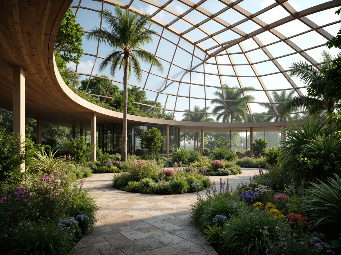 Prompt: Sleek greenhouse structure, lush tropical plants, vibrant flowers, natural stone pathways, wooden trellises, misting systems, automatic irrigation, energy-efficient glazing, modern minimalist architecture, curved lines, cantilevered roofs, clerestory windows, abundant natural light, soft diffused lighting, shallow depth of field, 3/4 composition, panoramic view, realistic textures, ambient occlusion, serene ambiance, tranquil atmosphere, eco-friendly materials, sustainable design solutions.