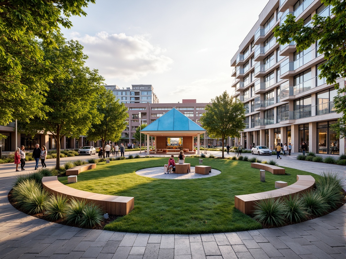 Prompt: Vibrant community plaza, lush green lawns, modern amphitheater, interactive public art, dynamic street furniture, flexible seating areas, urban gardens, pedestrian-friendly pathways, natural stone flooring, stainless steel railings, transparent glass canopies, warm atmospheric lighting, 1/2 composition, shallow depth of field, realistic textures, ambient occlusion.