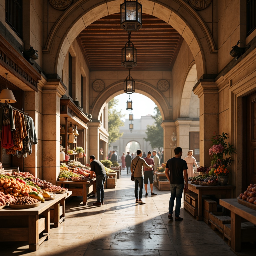 Prompt: Neoclassical marketplace, sand-casted stone columns, ornate archways, intricate carvings, rusty iron lanterns, weathered wooden market stalls, vibrant colorful fabrics, exotic spices, fresh fruits and vegetables, bustling crowd, warm golden lighting, shallow depth of field, 1/1 composition, realistic textures, ambient occlusion.