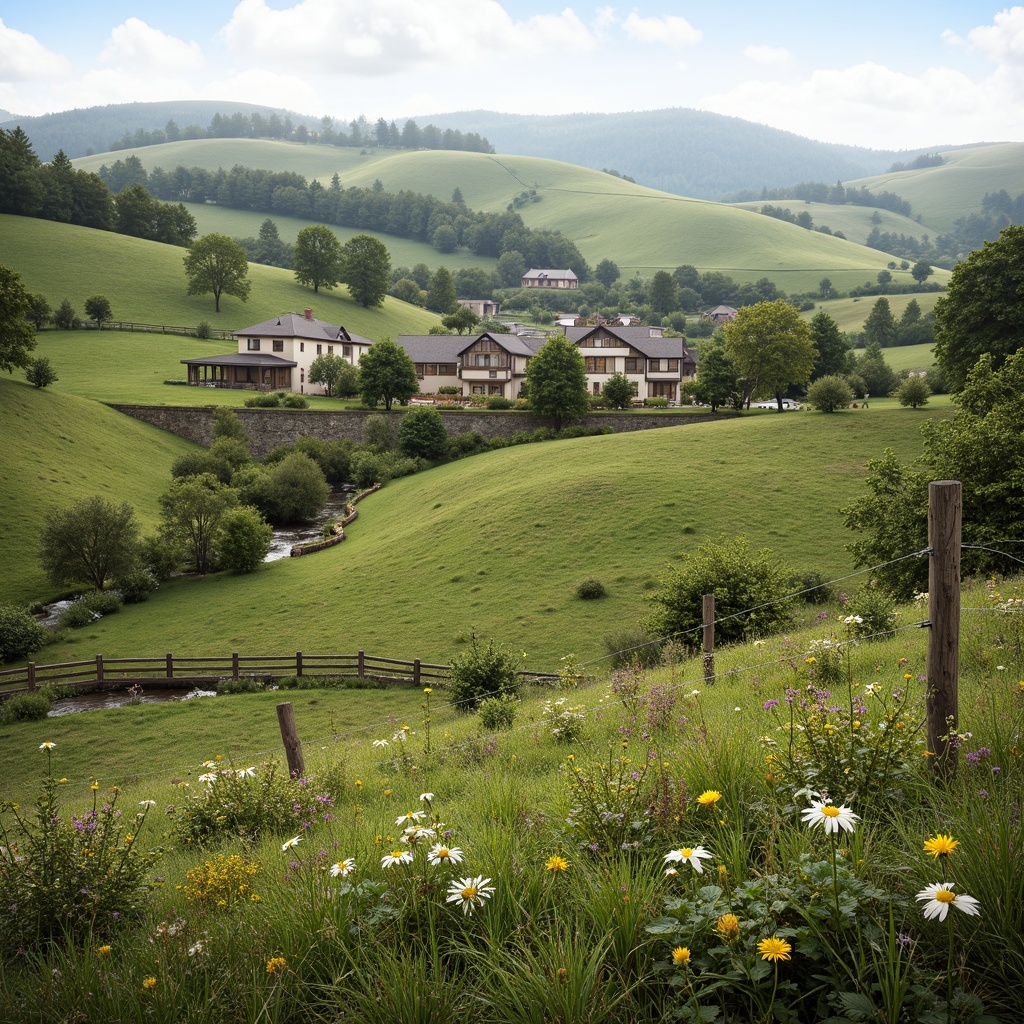 Prompt: Rural landscape, rolling hills, green pastures, traditional farmhouse, rustic wooden fences, wildflowers, meandering streams, natural stone walls, earthy tones, blending with surroundings, eco-friendly materials, solar panels, wind turbines, rainwater harvesting systems, green roofs, living walls, organic gardens, composting facilities, recycling centers, minimal waste generation, biophilic design, large windows, natural ventilation, soft warm lighting, shallow depth of field, 3/4 composition, panoramic view, realistic textures, ambient occlusion.