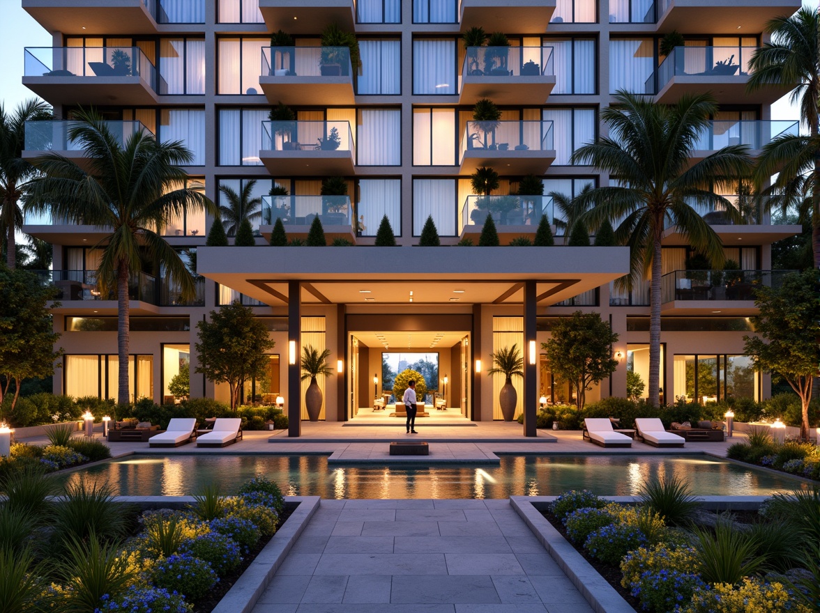 Prompt: Luxurious hotel facade, grand entrance, ornate details, warm golden lighting, inviting porte-cochere, elegant canopies, modern minimalist lines, sleek glass surfaces, polished metal accents, lavish landscaping, tropical palm trees, vibrant floral arrangements, sophisticated water features, infinity pools, spacious outdoor seating areas, ambient evening illumination, shallow depth of field, 2/3 composition, cinematic perspective, photorealistic textures, subtle atmospheric effects.