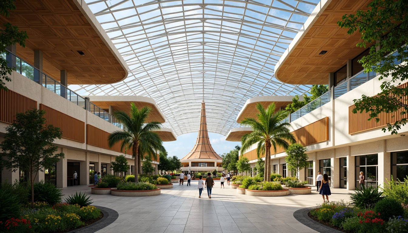 Prompt: Vibrant airport terminal, curved lines, aerodynamic shapes, gleaming steel structures, expansive glass roofs, natural light infusion, airy atriums, modern regionalist architecture, cultural identity incorporation, traditional patterns, vibrant local colors, intricate stone carvings, lush green walls, tropical plants, warm sunny day, soft warm lighting, shallow depth of field, 3/4 composition, panoramic view, realistic textures, ambient occlusion.Please let me know if this meets your requirements!