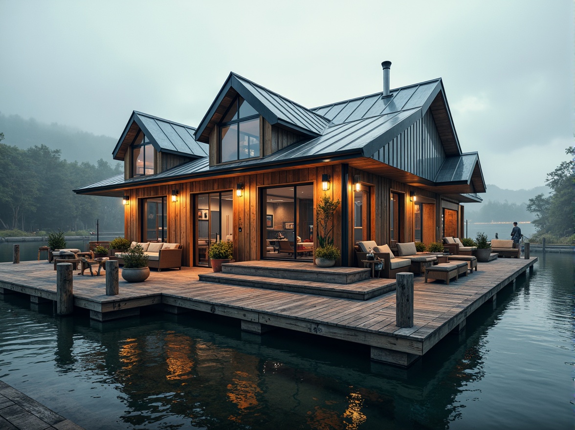 Prompt: Rustic boathouse, wooden docks, rippling water reflections, vibrant nautical colors, corrugated metal roofs, asymmetrical fa\u00e7ade design, irregular shapes, playful postmodernist elements, oversized windows, distressed wood textures, industrial-style lighting fixtures, weathered steel accents, moody overcast sky, misty atmospheric effects, shallow depth of field, 1/2 composition, dynamic angular views, rich detailed renderings.