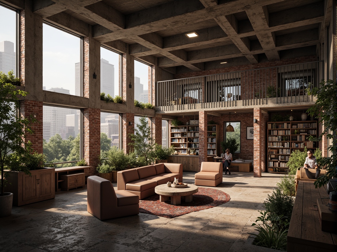 Prompt: Deconstructed library, fragmented brick walls, distressed concrete columns, exposed ductwork, industrial metal beams, reclaimed wood accents, vintage bookshelves, eclectic furniture arrangement, warm softbox lighting, shallow depth of field, 3/4 composition, realistic textures, ambient occlusion, urban cityscape, foggy morning atmosphere.