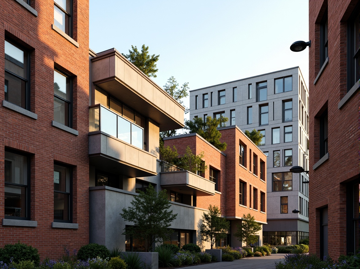 Prompt: Contrasting brick facades, smooth concrete walls, rough-hewn stone accents, polished metal cladding, vibrant glass mosaics, intricate wooden patterns, modern angular lines, cantilevered rooflines, dramatic overhangs, verdant green roofs, urban cityscape, morning sunlight, soft warm lighting, high contrast ratio, 2/3 composition, shallow depth of field, realistic textures, ambient occlusion.