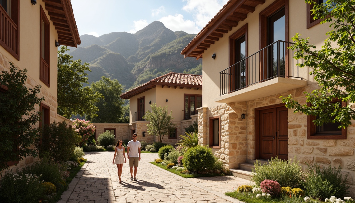 Prompt: Earthy tone, warm beige, rustic red, soft sienna, natural stone walls, wooden accents, traditional regional architecture, clay tile roofs, ornate metalwork, lush greenery, blooming wildflowers, serene countryside, gentle sunlight, soft warm lighting, shallow depth of field, 3/4 composition, realistic textures, ambient occlusion.