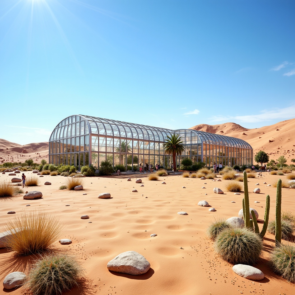 Prompt: Arid desert landscape, sandy dunes, cacti plants, hot sunny day, clear blue sky, vast open space, futuristic greenhouse architecture, sleek metal frames, transparent polycarbonate panels, misting systems, evaporative cooling technologies, shaded outdoor spaces, water conservation systems, efficient irrigation networks, climate-controlled environments, high-temperature resistance materials, innovative ventilation systems, air filtration units, humidity control mechanisms, natural light optimization, 3/4 composition, shallow depth of field, panoramic view.