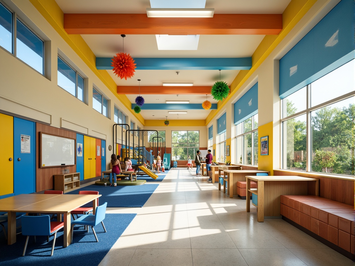 Prompt: Vibrant elementary school building, playful color scheme, bright corridors, cheerful classrooms, interactive whiteboards, educational posters, colorful lockers, lively playground, swing sets, slides, monkey bars, rubber safety flooring, natural wood accents, large windows, soft diffused lighting, 1/1 composition, shallow depth of field, realistic textures, ambient occlusion.