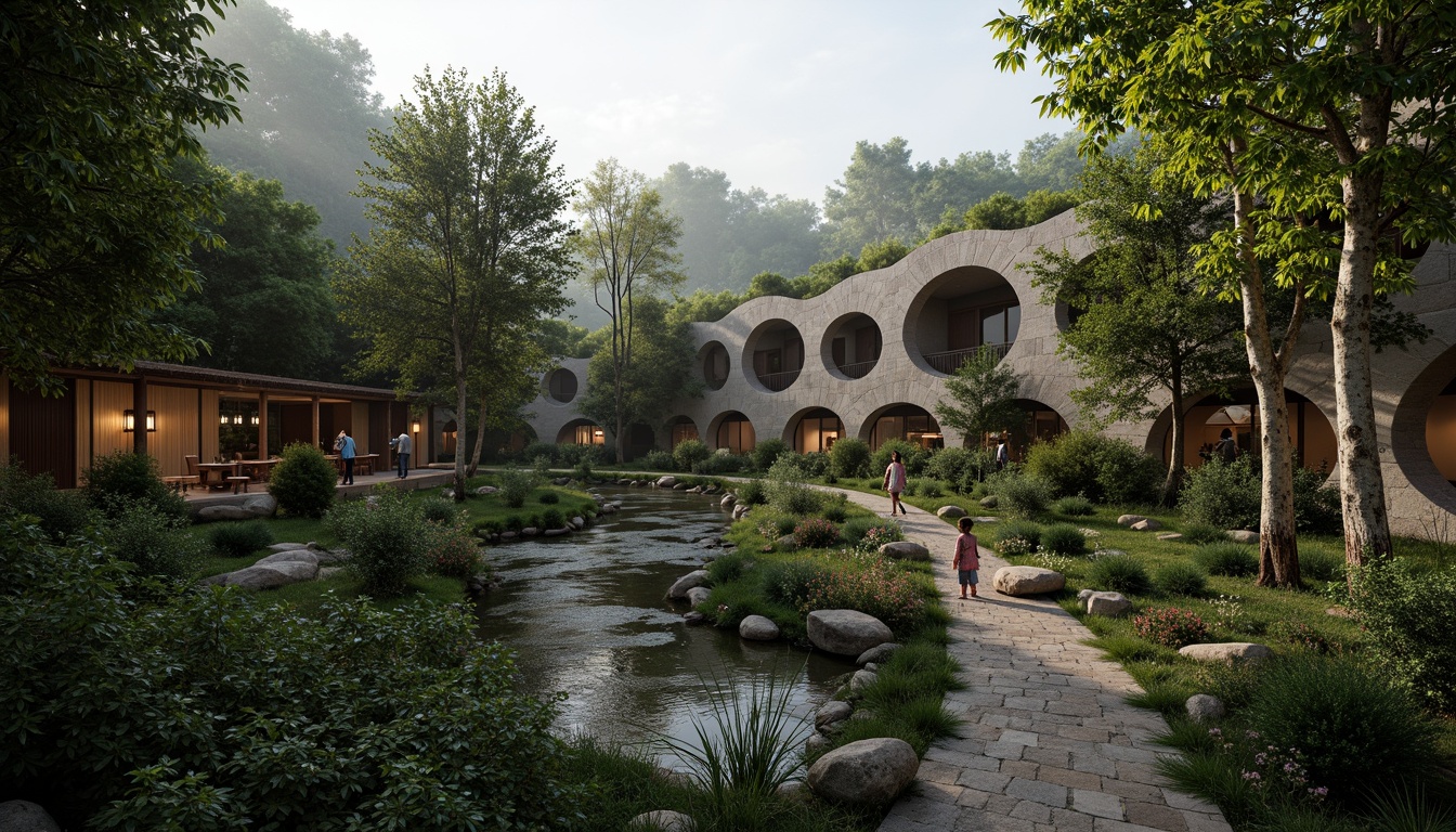 Prompt: Secluded monastery, organic curves, natural stone walls, lush green roofs, bamboo forests, serene water features, peaceful courtyards, rustic wooden bridges, lantern-lit pathways, misty mornings, soft warm lighting, shallow depth of field, 3/4 composition, panoramic view, realistic textures, ambient occlusion.