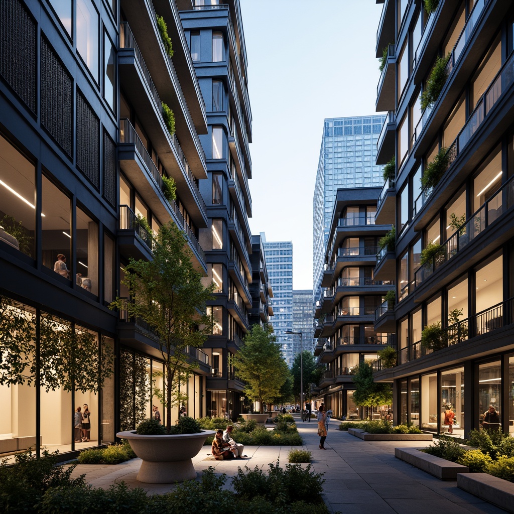 Prompt: Urban cityscape, modern apartment complex, sleek glass facades, minimalist balconies, industrial metal railings, geometric patterned screens, futuristic LED lighting, cantilevered roofs, green walls, vertical gardens, abstract sculptures, urban chic atmosphere, soft warm glow, shallow depth of field, 1/1 composition, realistic textures, ambient occlusion.