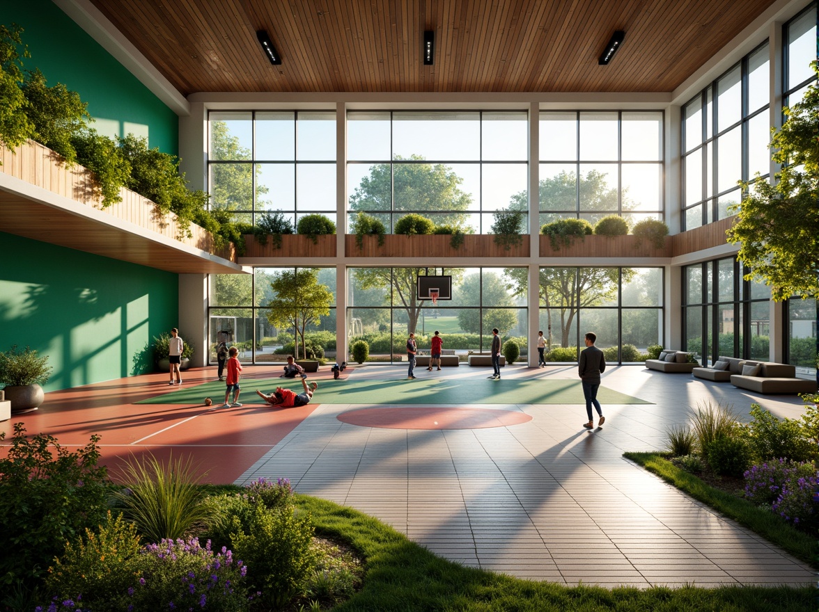 Prompt: Vibrant gymnasium interior, natural light pouring, lush green walls, living plants, wooden floors, modern exercise equipment, basketball court, running tracks, sports-inspired color scheme, panoramic windows, outdoor landscape integration, serene courtyard, water features, walking paths, seating areas, recreational spaces, vibrant outdoor lighting, warm sunny day, shallow depth of field, 3/4 composition, realistic textures, ambient occlusion.