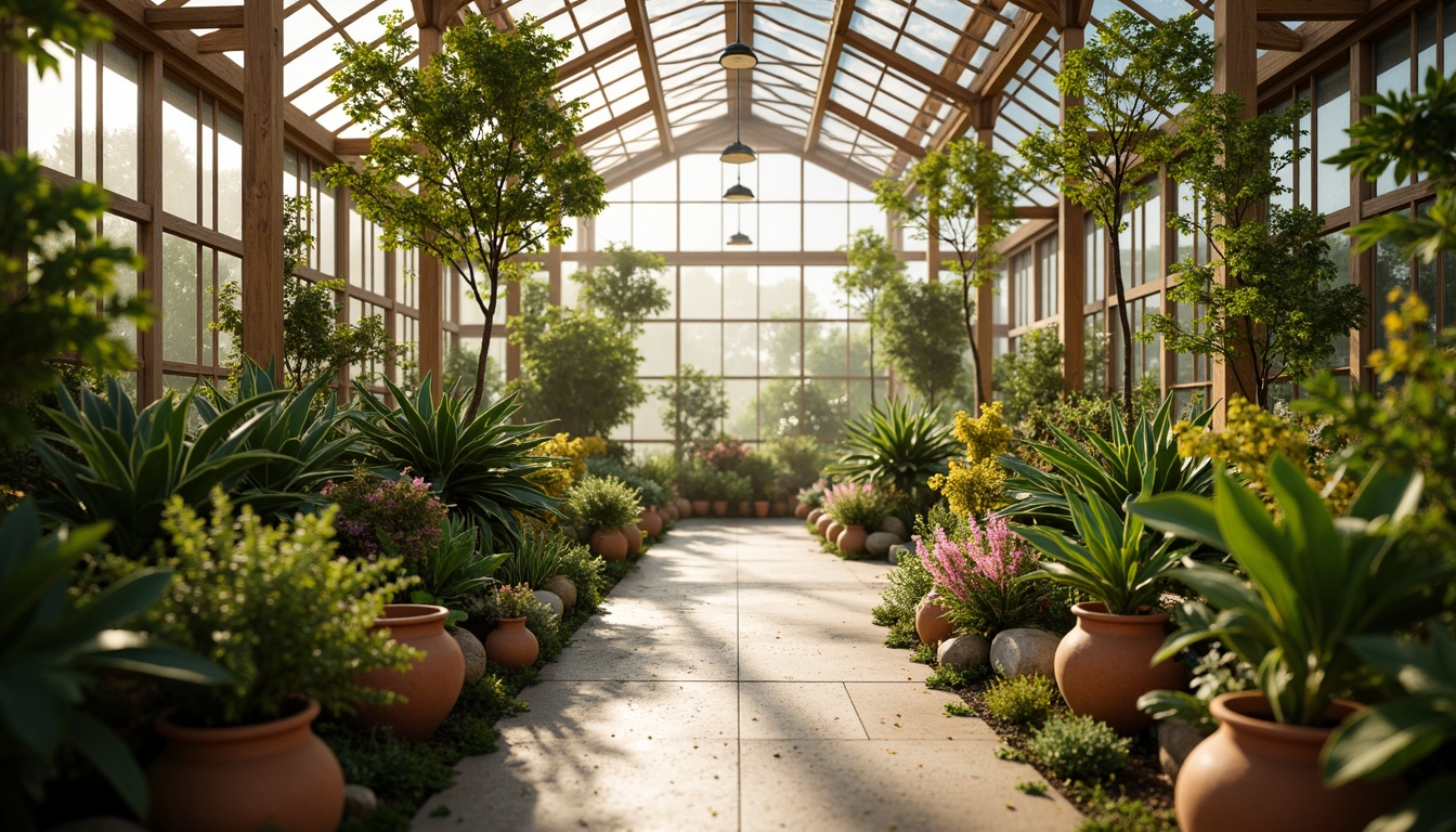 Prompt: Vibrant greenhouse interior, lush tropical plants, warm natural light, wooden trellises, earthy terracotta pots, misting system, humid atmosphere, soft pastel colors, calming ambiance, nature-inspired textures, organic shapes, curved lines, asymmetrical composition, shallow depth of field, 1/1 aspect ratio, realistic reflections, subtle color gradients.