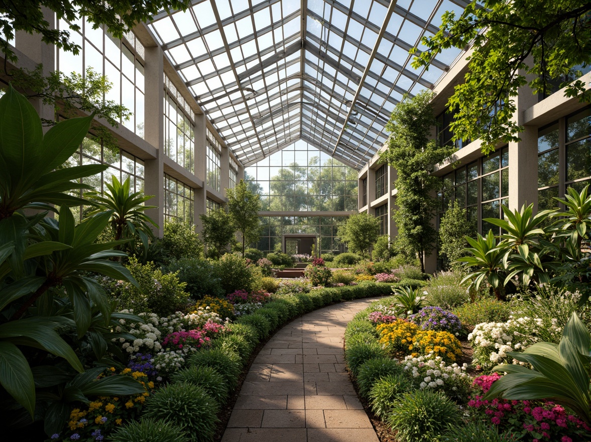 Prompt: Tropical greenhouse, lush foliage, vibrant flowers, natural ventilation, solar-powered irrigation, rainwater harvesting system, green roof, living walls, recycled materials, energy-efficient glazing, minimal carbon footprint, organic farming practices, humid tropical climate, warm soft lighting, shallow depth of field, 1/1 composition, realistic textures, ambient occlusion.