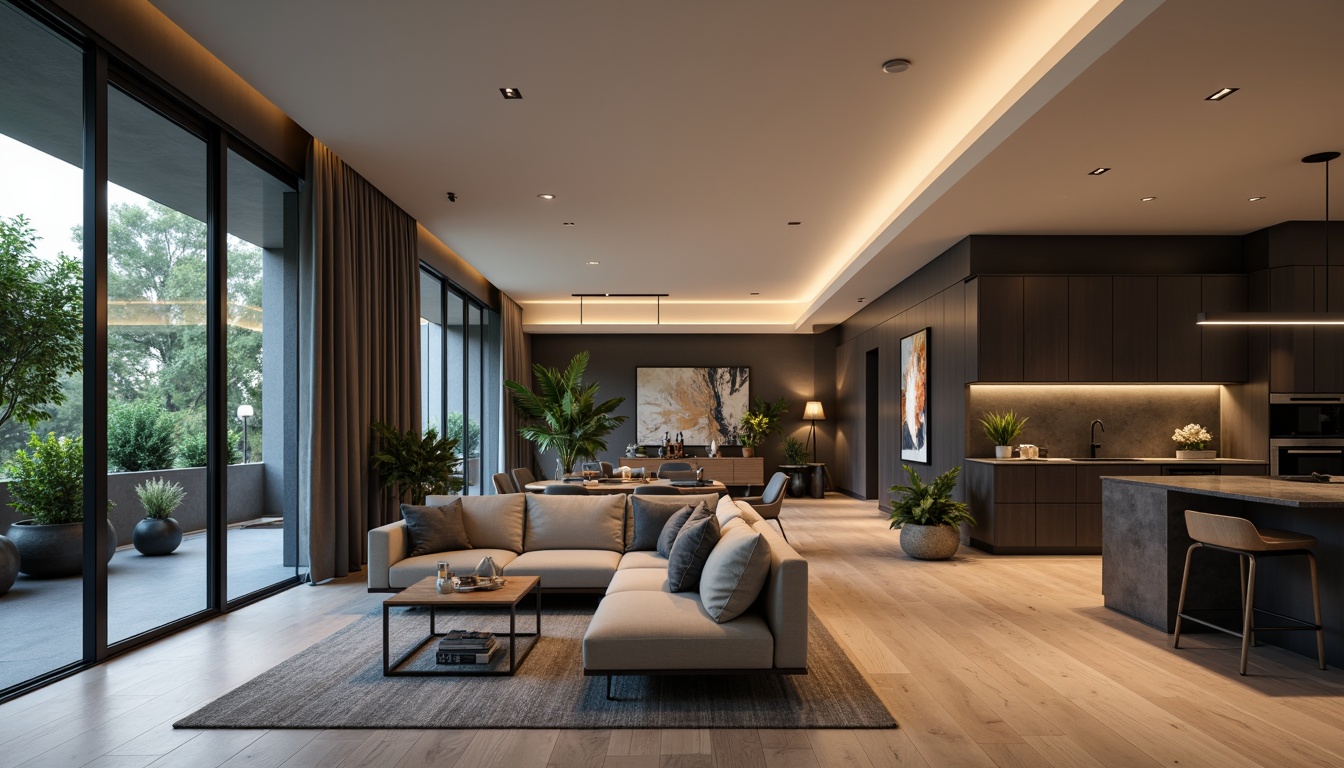 Prompt: Modern apartment interior, open-plan living area, minimalist decor, sleek lines, monochromatic color scheme, floor-to-ceiling windows, sliding glass doors, wooden flooring, modular furniture, compact kitchenette, concealed storage, space-saving solutions, ambient lighting, soft warm glow, shallow depth of field, 3/4 composition, panoramic view, realistic textures, ambient occlusion.