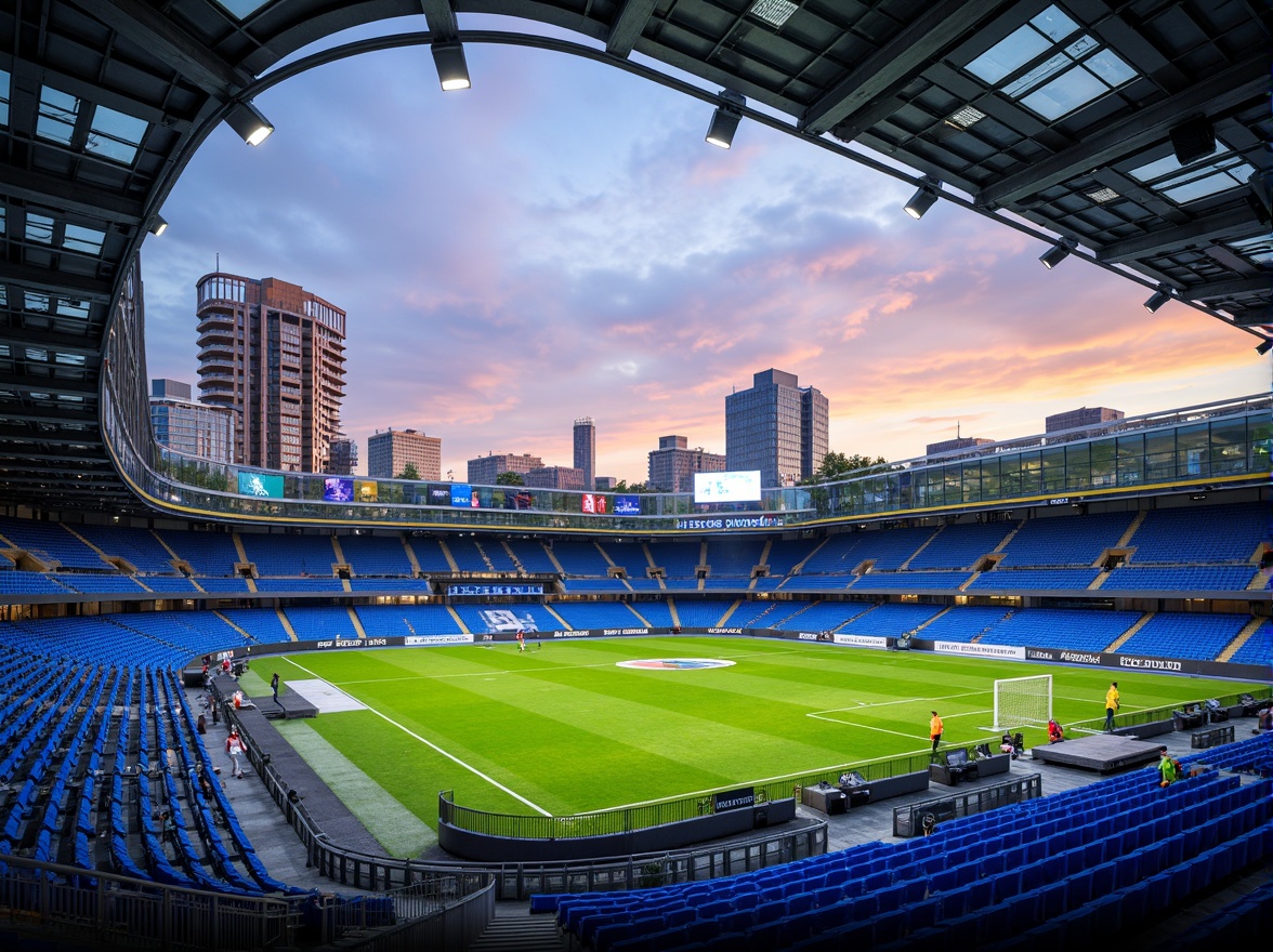 Prompt: Vibrant stadium, fusion architecture, bold color palette, electric blue seats, bright yellow goalposts, lush green grass, dynamic LED lights, metallic silver beams, transparent glass facades, angular modern lines, sleek curves, urban cityscape, warm sunset ambiance, dramatic spotlights, low-angle photography, 1/2 composition, high-contrast colors, realistic reflections, ambient occlusion.