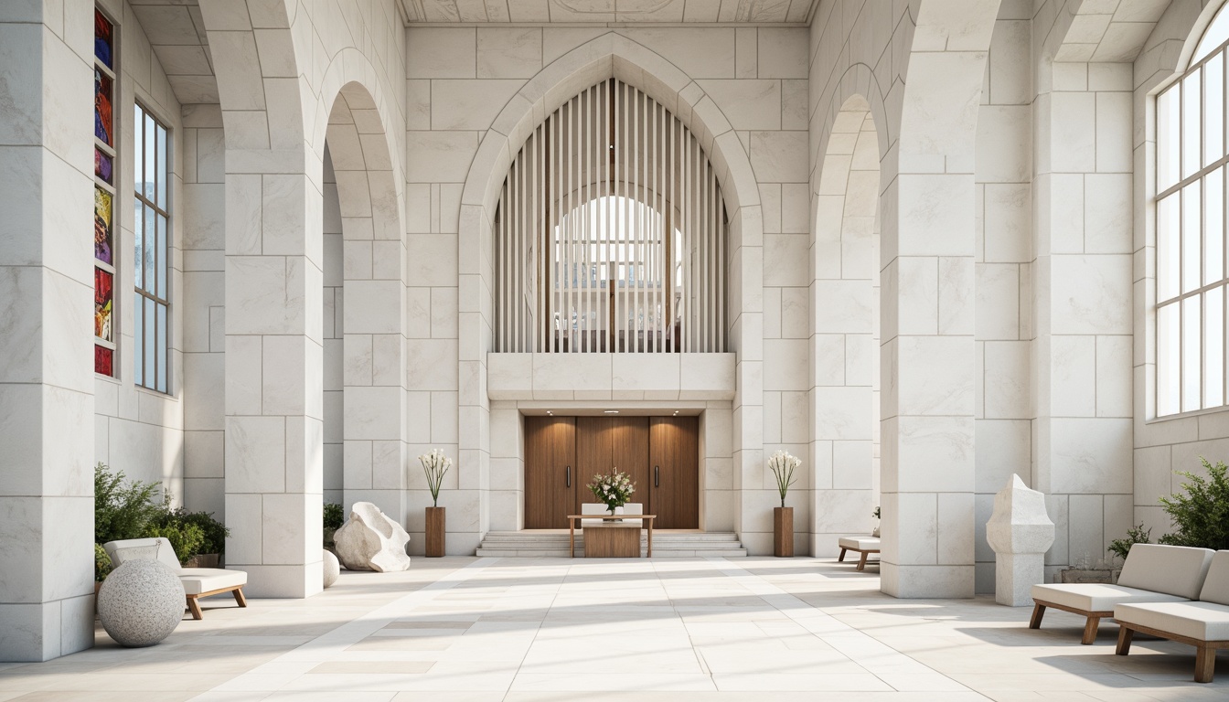 Prompt: Minimalist church fa\u00e7ade, clean lines, simple geometry, white marble surfaces, subtle ornamentation, stained glass windows, dramatic arches, grand entrance doors, symmetrical composition, abstract sculptures, peaceful ambiance, soft natural light, shallow depth of field, 1/2 composition, wide-angle lens, realistic materials, ambient occlusion, international style influence, modern spirituality, sacred atmosphere.