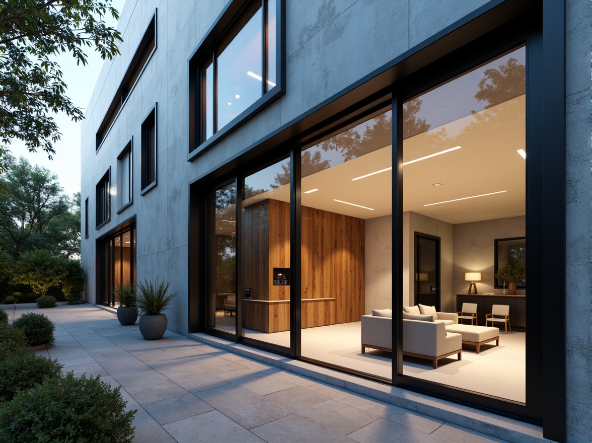 Prompt: Minimalist apartment building, modern sleek fa\u00e7ade, large glass windows, sliding doors, polished concrete floors, industrial chic aesthetic, exposed ductwork, matte black metal frames, reclaimed wood accents, low-pile carpeting, minimalist decor, neutral color palette, ambient lighting, soft box lighting, 1/1 composition, shallow depth of field, realistic textures, subtle reflections.Let me know if you need any adjustments!