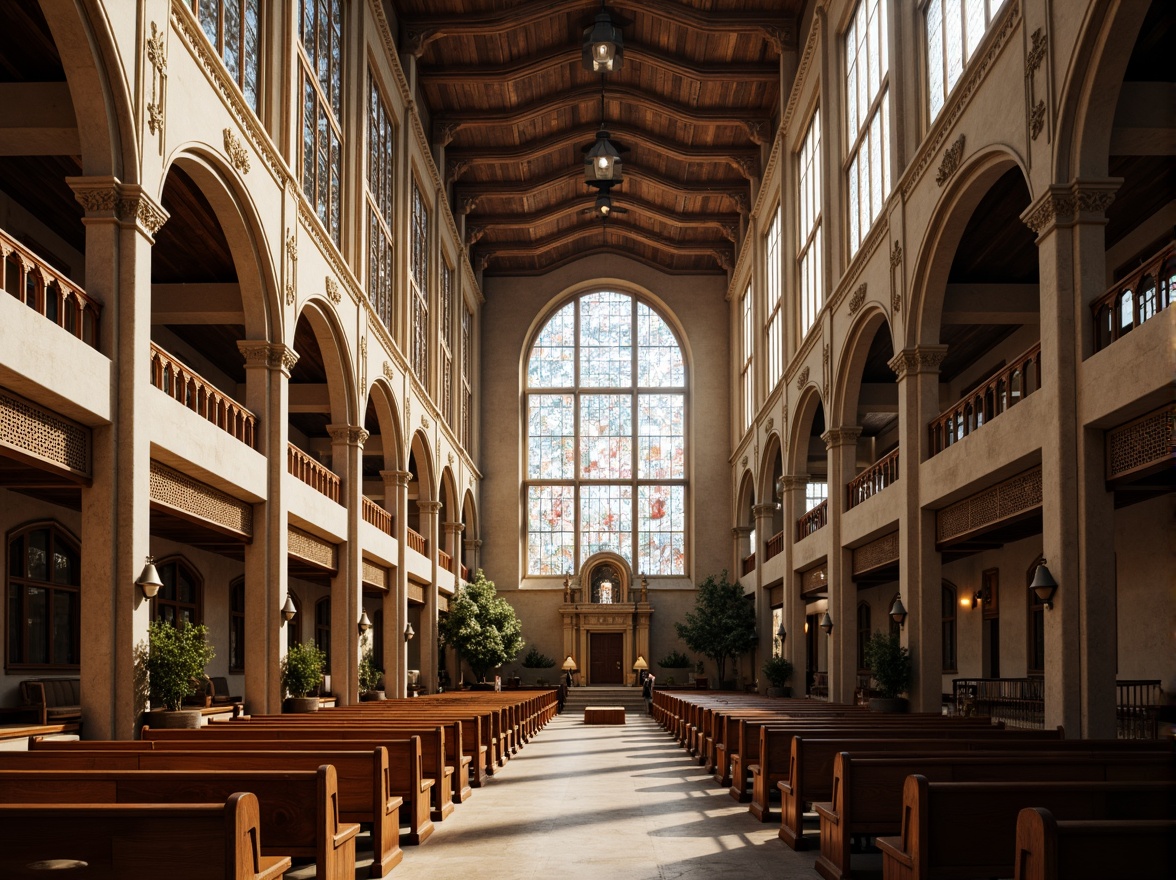 Prompt: Grand cathedral, stunning stained glass windows, intricate stone carvings, majestic vaulted ceilings, ornate wooden pews, serene natural light, warm golden tones, subtle shading, dramatic archways, elegant columns, solemn atmosphere, peaceful ambiance, soft diffused lighting, 1/1 composition, symmetrical framing, realistic textures, ambient occlusion.