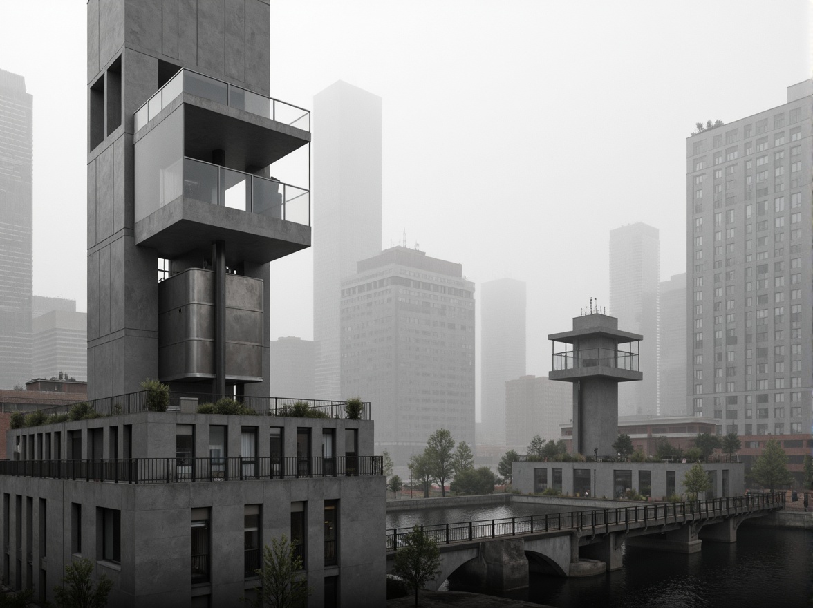 Prompt: Monochromatic watchtowers, sleek metallic surfaces, bold geometric shapes, minimalist modernist architecture, industrial materials, exposed concrete walls, steel beams, urban cityscape, misty morning atmosphere, soft diffused lighting, shallow depth of field, 1/1 composition, cinematic perspective, high contrast ratio, desaturated colors, neutral tones, accentuated shadows, futuristic ambiance.