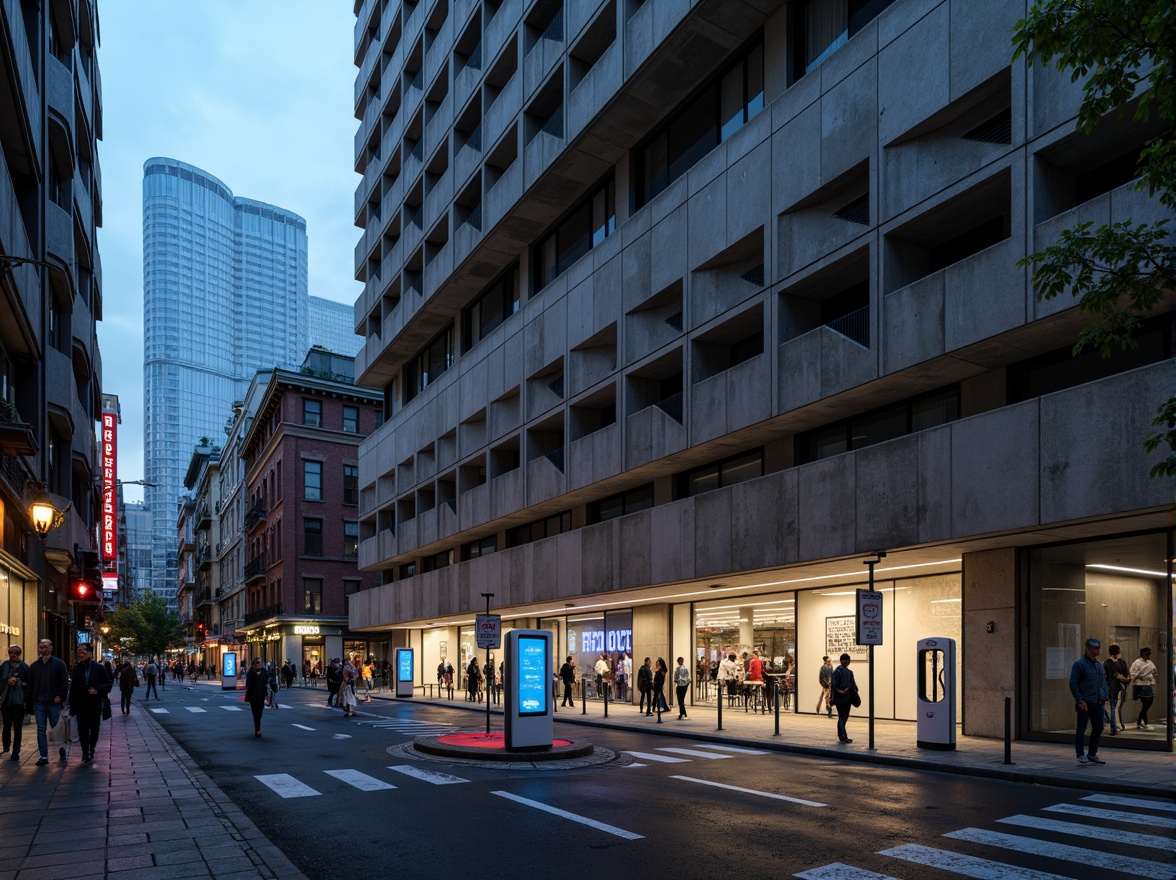 Prompt: Exposed concrete facade, brutalist architecture, industrial aesthetic, rugged textures, bold geometric forms, functional design, urban infrastructure, electric vehicle charging stations, futuristic technology, neon-lit signage, dynamic lighting effects, urban cityscape, modern metropolitan vibe, high-contrast color scheme, dramatic shadows, low-angle photography, cinematic composition, gritty realistic render.