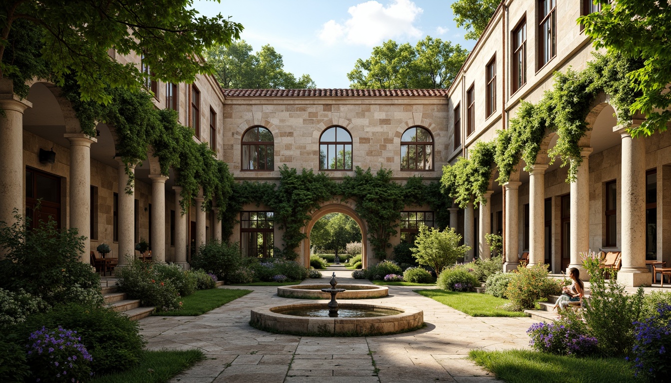 Prompt: Ancient stone walls, lush greenery, rustic gardens, meandering walkways, ornate fountains, majestic columns, arched windows, weathered brick facades, vines crawling up walls, blooming flowers, vibrant shrubs, sunny day, soft warm lighting, shallow depth of field, 3/4 composition, panoramic view, realistic textures, ambient occlusion.