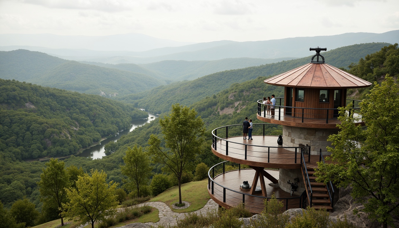 Prompt: Panoramic watching tower, harmonious landscape integration, rolling hills, lush greenery, meandering pathways, natural stone foundations, wooden decking, minimalist railing, scenic lookout points, binoculars installations, weathered copper roofs, rustic metal accents, earthy color palette, soft warm lighting, shallow depth of field, 3/4 composition, realistic textures, ambient occlusion.