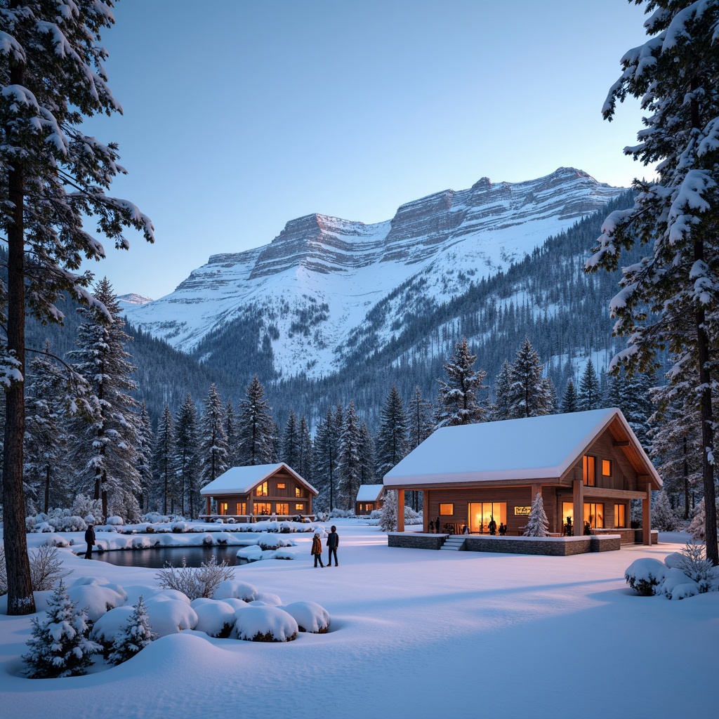 Prompt: Snow-capped mountains, frosty mornings, icy blue skies, winter sports equipment, wooden ski lodges, rustic stone fireplaces, cozy warm lighting, vibrant orange accents, earthy brown tones, crisp white snowflakes, frozen lakes, evergreen trees, misty valleys, powder snow textures, 1/2 composition, shallow depth of field, realistic reflections, atmospheric perspective.