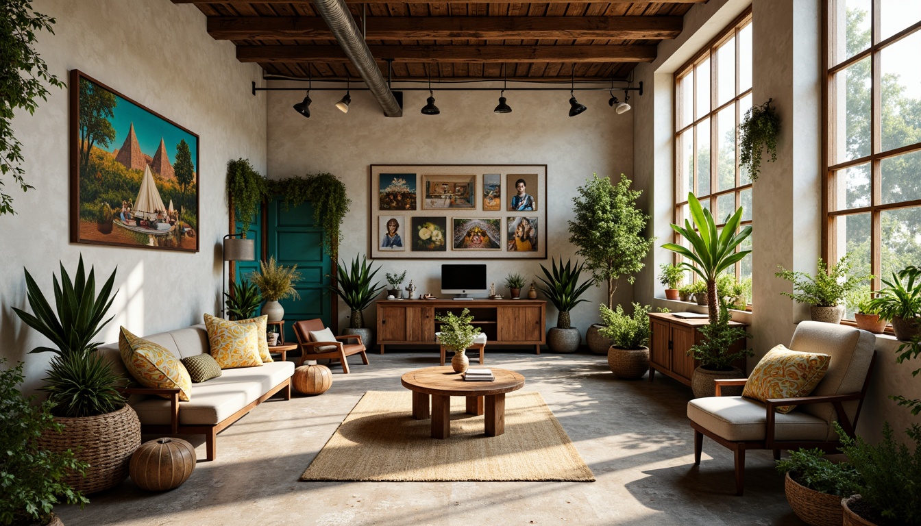 Prompt: Vibrant art studio, eclectic bohemian decor, rich turquoise accents, creamy white walls, reclaimed wood textures, industrial metal fixtures, lush greenery, natural stone floors, warm golden lighting, shallow depth of field, 1/1 composition, realistic renderings, ambient occlusion.