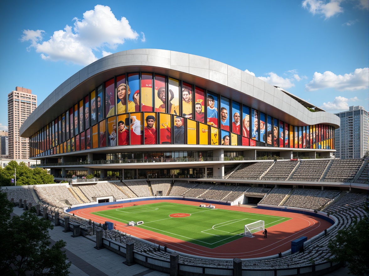 Prompt: Curved streamline facade, modern sports stadium, sleek metallic cladding, angular lines, dynamic LED lighting, vibrant color schemes, sports-themed murals, athletic track markings, green grass fields, professional soccer goals, basketball courts, tennis nets, athlete statues, urban cityscape background, sunny day, dramatic shadows, low-angle shot, 1/1 composition, realistic reflections, ambient occlusion.