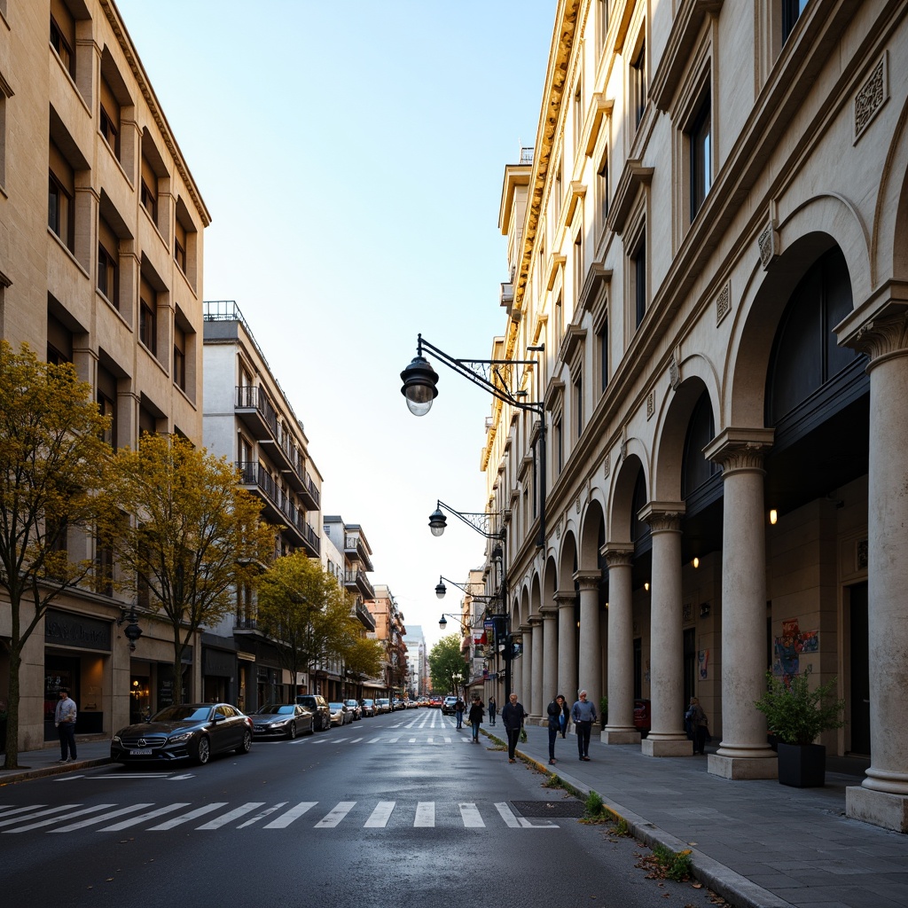 Prompt: Grand boulevard, ornate street lamps, historic neoclassical buildings, symmetrical facades, Corinthian columns, archways, rusticated bases, ornate balconies, decorative cornices, urban revitalization, mixed-use development, pedestrian-friendly streets, tree-lined sidewalks, vibrant street art, morning sunlight, soft warm lighting, shallow depth of field, 2/3 composition, realistic textures, ambient occlusion.