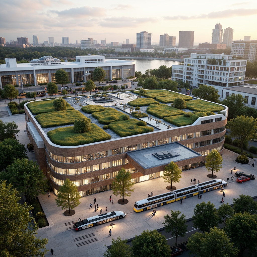 Prompt: Vibrant transportation hub, lush green roofs, natural stone walls, curved architectural lines, modern glass fa\u00e7ades, bustling pedestrian walkways, efficient public transit systems, electric vehicle charging stations, sustainable urban planning, scenic city views, gentle water features, native plant species, warm LED lighting, shallow depth of field, 1/1 composition, realistic textures, ambient occlusion.