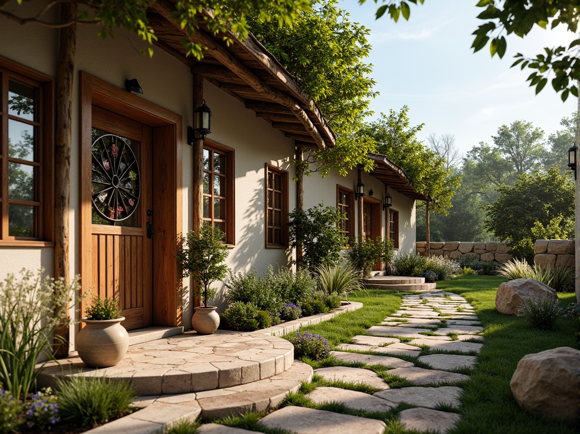 Prompt: Rustic rural cottage, curved ornate lines, flowing organic shapes, intricately carved wooden doors, stained glass windows, vibrant floral patterns, wrought iron fixtures, natural stone walls, earthy tones, lush greenery, blooming wildflowers, sunny afternoon, soft warm lighting, shallow depth of field, 3/4 composition, panoramic view, realistic textures, ambient occlusion.