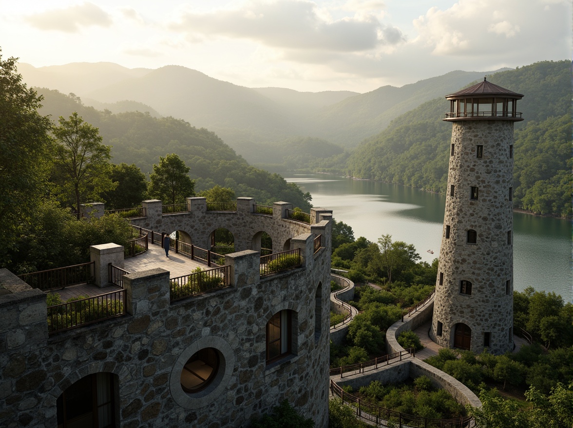 Prompt: Panoramic watchtower, rugged stone walls, wooden observation decks, winding staircases, scenic lookout points, lush green forests, rolling hills, serene lakeside, misty morning atmosphere, soft warm lighting, shallow depth of field, 3/4 composition, realistic textures, ambient occlusion, natural material palette, earthy color tones, organic architectural forms, blending with surroundings, harmonious integration, eco-friendly design principles.