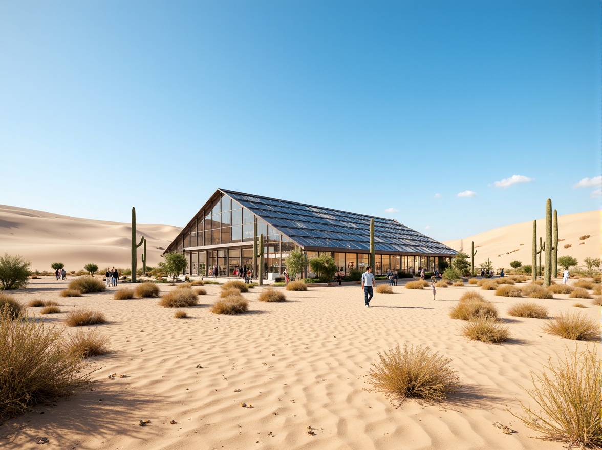 Prompt: Desert greenhouse, arid landscape, sandy dunes, cactus plants, hot sunny day, clear blue sky, vast open space, modern futuristic architecture, sleek metal buildings, reflective glass surfaces, angular lines, minimalist design, sustainable energy solutions, solar panels, wind turbines, water conservation systems, green roofs, eco-friendly materials, innovative cooling technologies, shaded outdoor spaces, misting systems, Arabic-inspired patterns, vibrant colorful textiles, intricate geometric motifs, evaporative cooling systems, natural ventilation, climate-controlled environments, humidity management, temperature regulation, air purification systems, UV protection, fog collectors, drip irrigation systems.