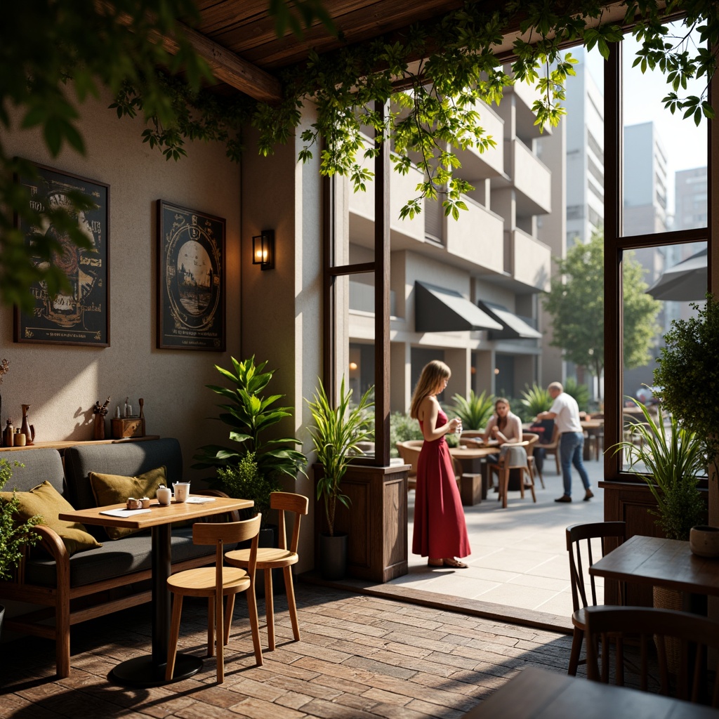 Prompt: Cozy coffee shop, warm lighting, comfortable seating, rustic wooden tables, vintage decorations, aromatic coffee beans, soft background music, bustling city atmosphere, large windows, natural stone walls, lush greenery, outdoor seating area, sunny day, shallow depth of field, 3/4 composition, panoramic view, realistic textures, ambient occlusion.