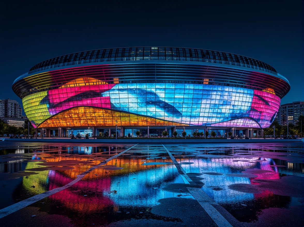 Prompt: Vibrant stadium, fusion architecture, bold color palette, neon lights, dynamic curves, angular lines, metallic materials, sleek glass surfaces, futuristic design, electric blue accents, fiery red highlights, sunshine yellow tones, deep green seats, urban landscape, cityscape views, dramatic nighttime lighting, 1/2 composition, low-angle shot, realistic reflections, ambient occlusion.