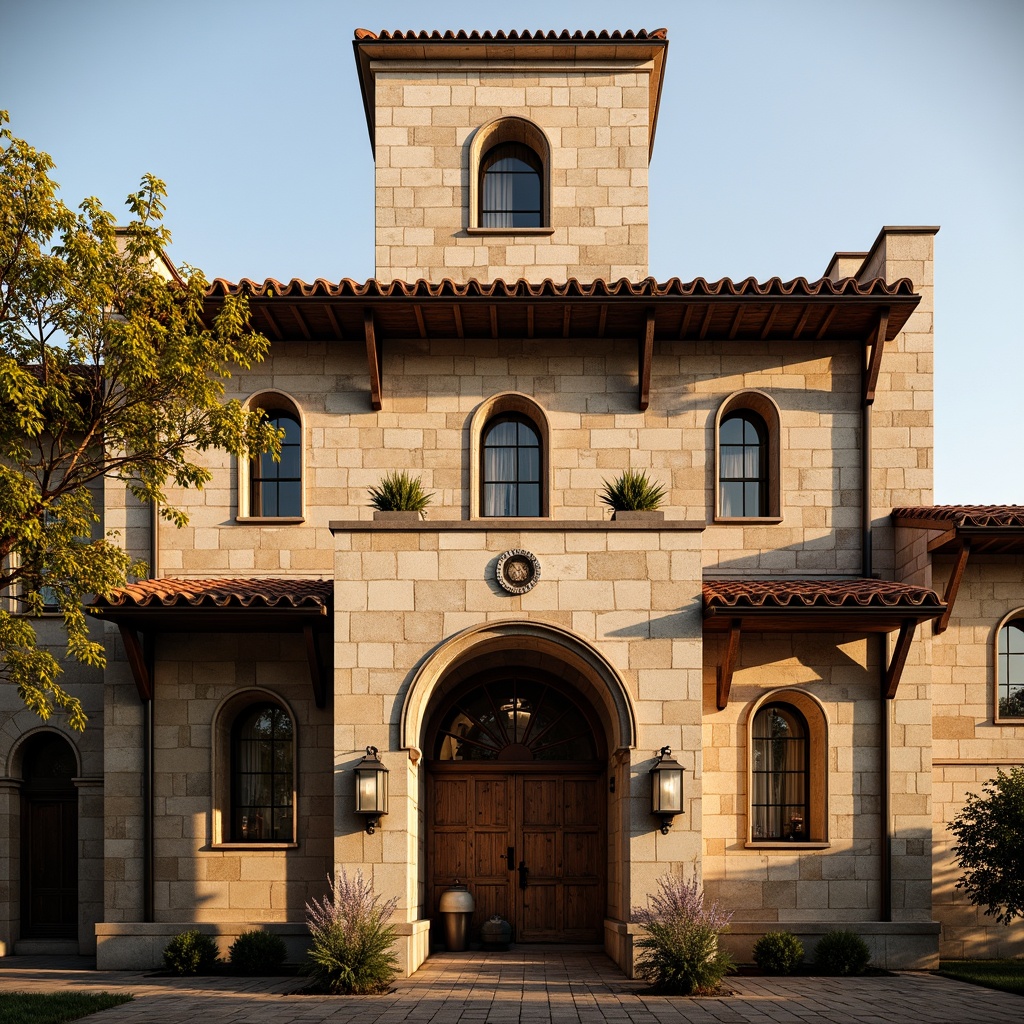 Prompt: Grand Romanesque building, ornate roof lines, curved arches, terracotta tiles, earthy tones, rustic textures, medieval-inspired design, sturdy stone walls, tall narrow windows, intricate carvings, ornamental details, symmetrical fa\u00e7ade, majestic entrance, grandiose scale, warm golden lighting, soft afternoon sun, shallow depth of field, 2/3 composition, realistic weathering effects.