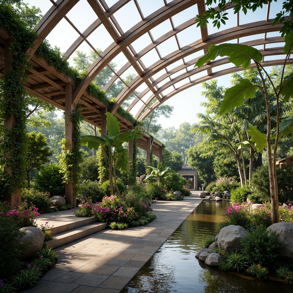 Prompt: Vibrant greenhouse interior, lush tropical plants, natural stone flooring, wooden trellises, curved glass roofs, steel frames, misting systems, automatic irrigation, climate control panels, energy-efficient lighting, serene water features, peaceful koi ponds, rocky outcrops, blooming flowers, soft diffused light, shallow depth of field, 3/4 composition, panoramic view, realistic textures, ambient occlusion.