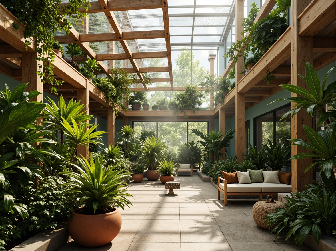 Prompt: Vibrant tropical plants, lush green foliage, warm natural light, soft misting system, rustic wooden trellis, earthy terracotta pots, calming pastel colors, serene atmosphere, modern minimalist architecture, glass roof, clerestory windows, diffuse softbox lighting, 1/1 composition, intimate cozy spaces, organic textures, subtle color gradations, soothing ambiance.