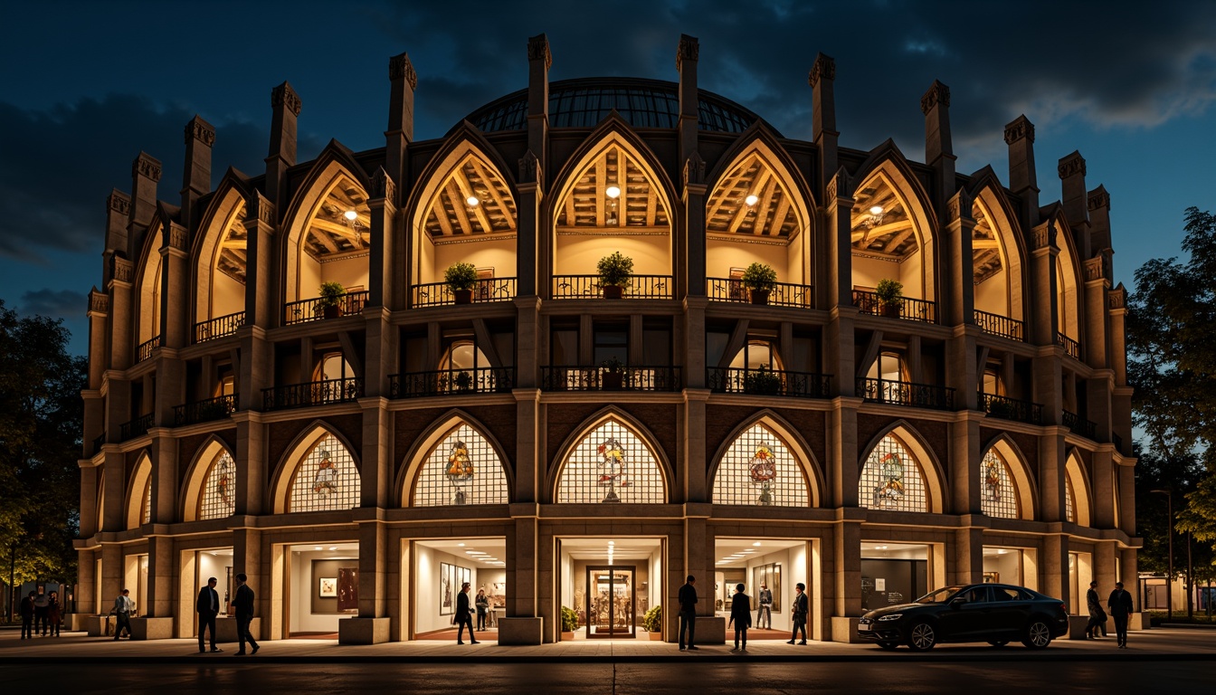 Prompt: Ornate Gothic stadium facade, ribbed vaults, flying buttresses, grand arches, intricate stone carvings, stained glass windows, majestic entrance gates, ornamental metalwork, dramatic nighttime illumination, warm golden lighting, atmospheric misting effects, 1/2 composition, low-angle shot, cinematic depth of field, realistic stone textures, ambient occlusion.Let me know if this meets your requirements!