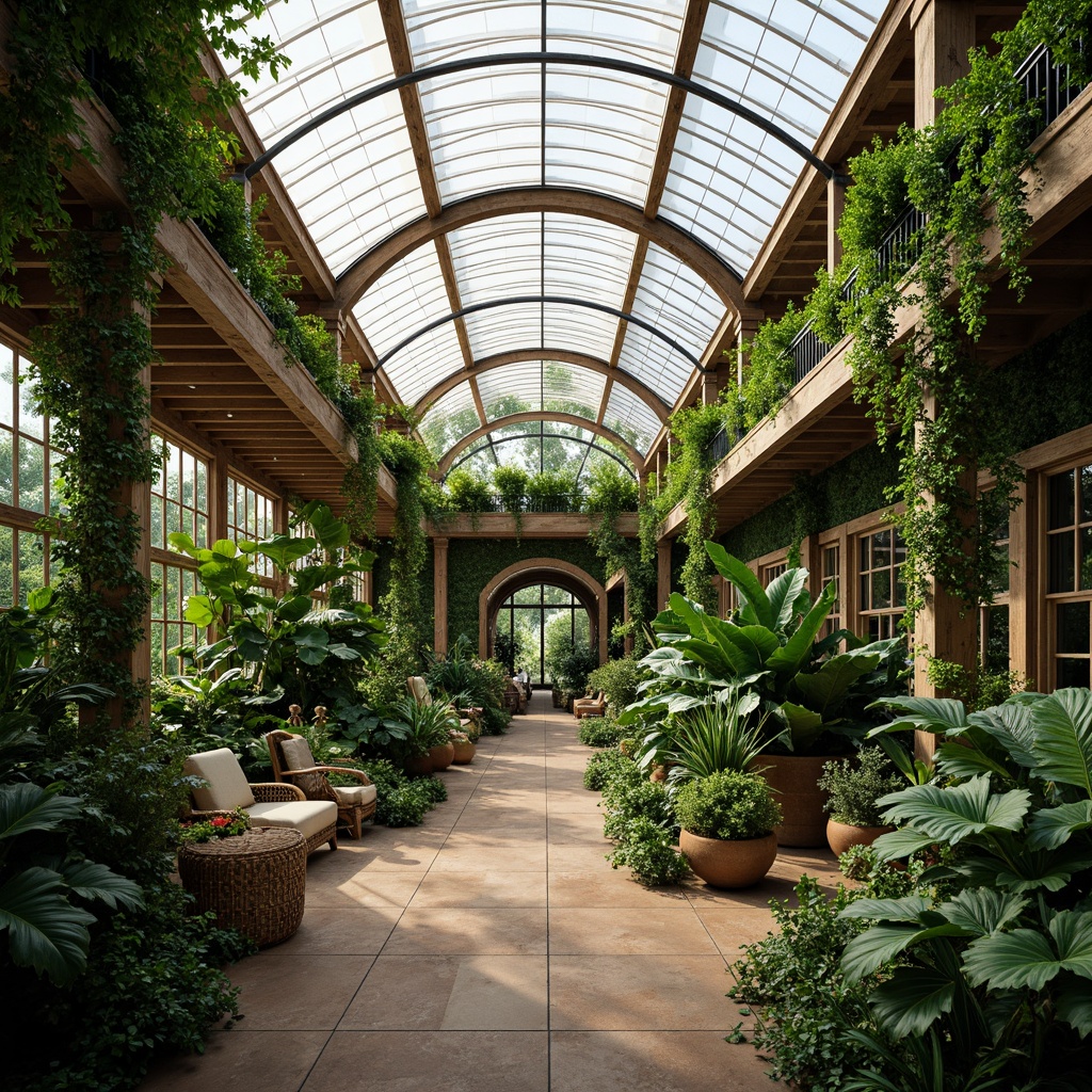 Prompt: Lush tropical plants, curved glass roofs, steel frame structures, wooden beams, natural ventilation systems, automated irrigation networks, misting humidifiers, solar-powered heating, trellis frameworks, climbing vines, rattan furnishings, earthy tones, organic textures, shallow depth of field, 1/2 composition, warm soft lighting, realistic plant models.